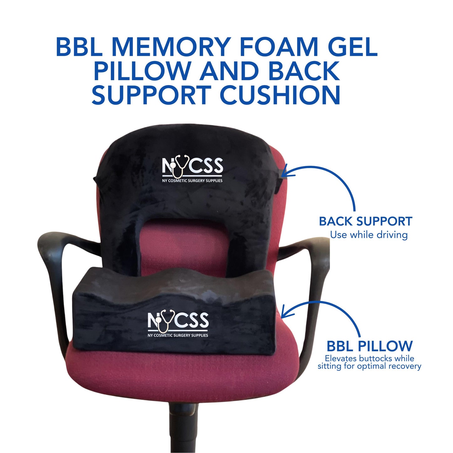 BBL Pillow w/Gel Memory Foam Top (Soft or Hard)  & Drawstring Bag, Surgeon approved, Ergonomic Innovations BBL Pillow After Surgery for Butt - Sit Better After Your BBL - Butt Pillow for Post Surgery Recovery