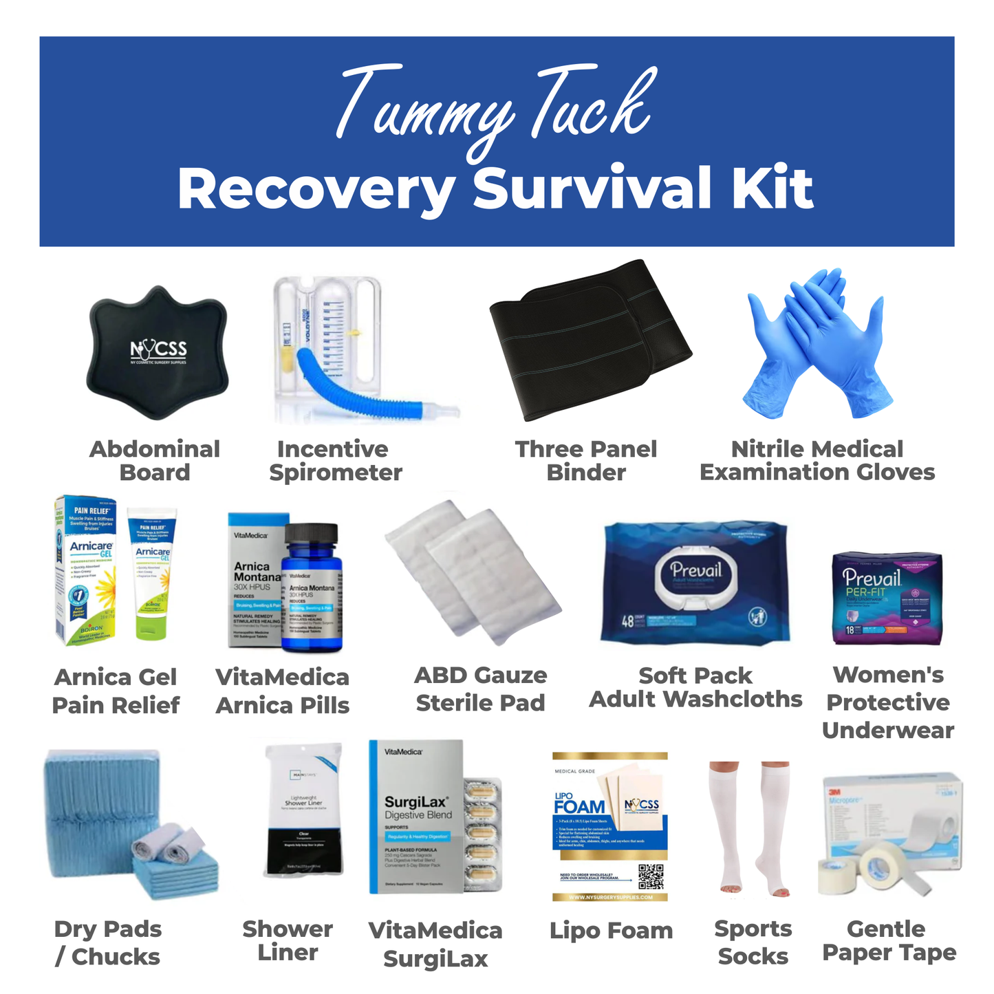 Tummy Tuck & Lipo Post Recovery Kit,  Post-Surgery Supplies Kit with Recovery Must Haves for Mommy Makeover Abdominoplasty (23 Piece Set)